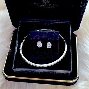 NEW 2pc Silver Gift Set:Oval Earrings+Diamond Baguettes Bangle Bracelet Jewelry